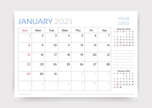 Calendar for January 2023 year. Planner calender template. Week starts Sunday. Desk monthly organizer. Table schedule grid. Timetable layout. Corporate diary. Vector simple illustration. Paper size A5