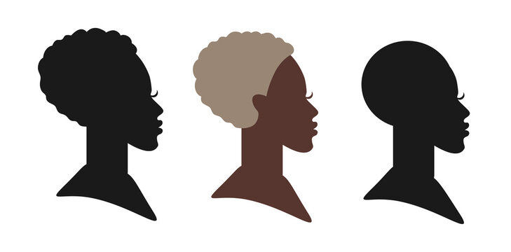 Set of vector silhouettes of beautiful female faces in profile on an isolated background. Head of an African woman in profile with a short haircut . Default avatar profile icon.EPS10.