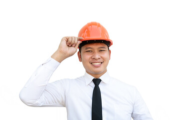 Portrait Asian young  man engineering wearing orange helmet.Asian young  man engineering isolated on white background.