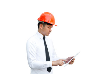Portrait Asian young  man engineering wearing orange helmet.Asian young  man engineering isolated on white background.