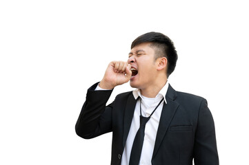 young businessman yawning isolated on white background