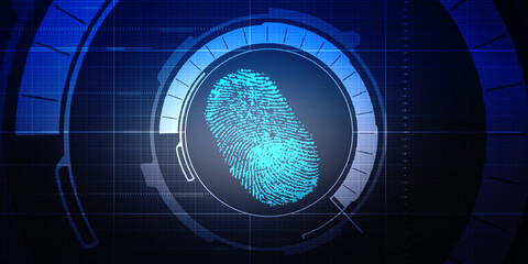 Abstract security system concept with fingerprint on technology background, Fingerprint Scanning Identification System. Biometric Authorization and Business Security Concept