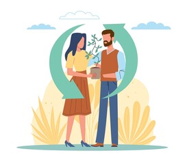 Taking care of environment. Eco friendly disposal. Man and woman hold tree, recycling sign, earth ecosystem, ecological characters, vector cartoon flat save the planet and zero waste concept