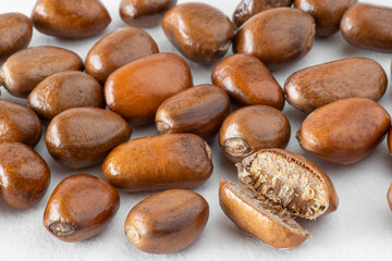 Close-up of pebe or monodora nut, the nutmeg of Gabon, a spice native to Africa