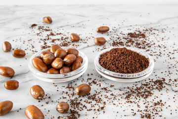 Close-up of pebe or monodora nut, the nutmeg of Gabon, a spice native to Africa