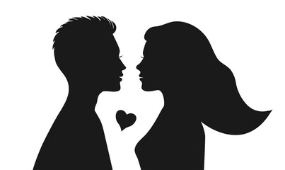 Silhouettes of a man and a woman face to face  on an isolated background. Boy with short hair and girl with long hair.Сouple,icon.Lovers.Default avatar profile.EPS10.