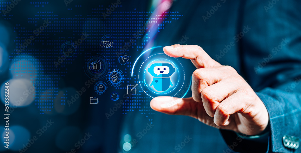 Aufkleber businessman's hand with digital chatbot ai, artificial intelligence technology, access to informatio
