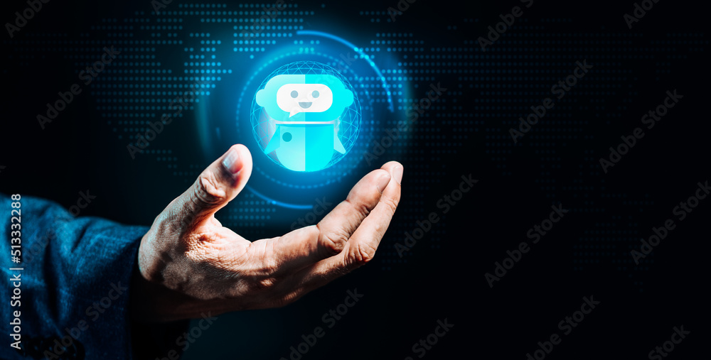 Poster businessman's hand with digital chatbot ai, artificial intelligence technology, access to informatio