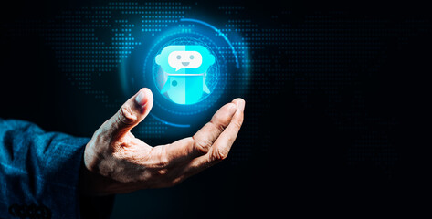 Businessman's hand with digital Chatbot AI, Artificial intelligence Technology, access to information and data in online network and global connection