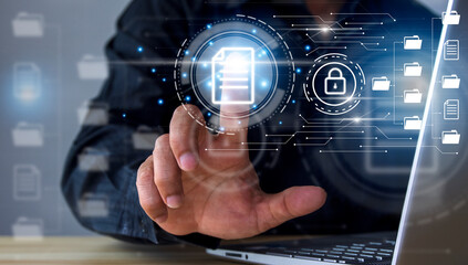 Businessman working modern compter Document Management System (DMS),Virtual online documentation...