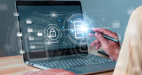 Businessman working modern compter Document Management System (DMS),Virtual online documentation database and process automation to efficiently manage files,