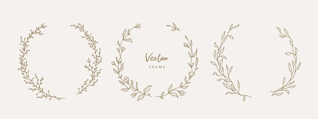 Hand drawn line floral frames. Circle botanical wreath. Elegant logo template.Vector illustration vintage decoration elements for label, branding business identity, wedding invitation, greeting card