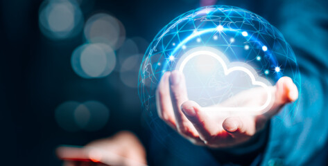 Businessman holding cloud computing, big data storage, information technology innovation and digital transformation