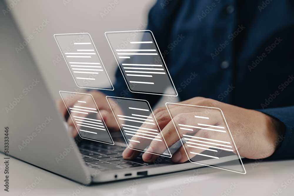 Aufkleber a businessman working on a laptop computer with electronic document icons, e-document management, an