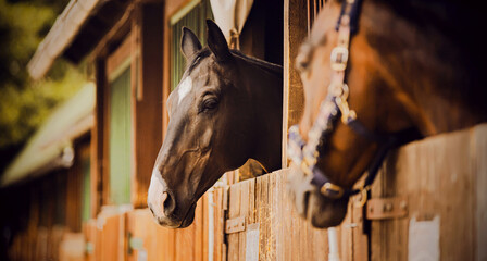 Portrait of a beautiful horse standing in a wooden stall in the stable on a summer day. Stables and...