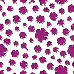 Small purple flowers naive dotted seamless pattern on white background. Childish illustration for textile, fabric, wallpaper, wrapping paper. 