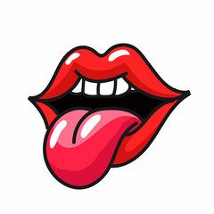 Pop art lips. Sexy red mouth, tongue stiking out isolated on white - 513335006