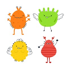 set of funny monsters with smiling faces doodle