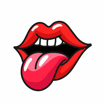 Pop art lips. Sexy red mouth, tongue stiking out isolated on white