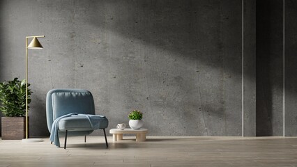 Fototapeta na wymiar Blue armchairs standing on wood flooring in concrete wall empty room.