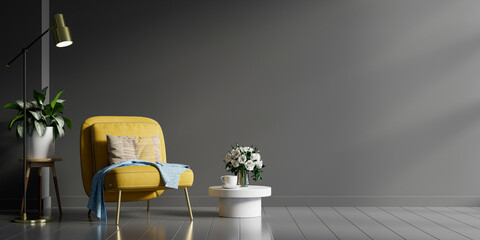 Modern living room interior with yellow armchair and green plants,lamp,table on dark wall background.