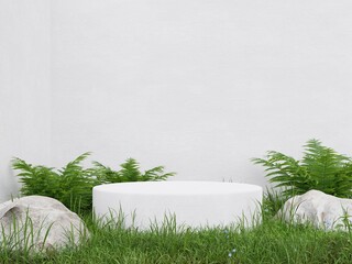 White circle pedestal in tropical forest for product presentation and white plaster wall.