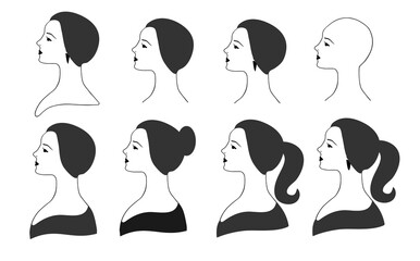 Girls profiles vector illustration set.Beautiful female faces in profile with different hairstyles on an isolated background.Black and white sketch in the painted line.Avatar profile icon.EPS10.
