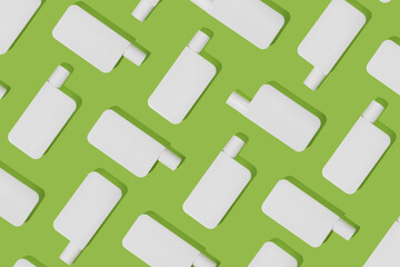 Fototapeta na wymiar Pattern from mock up cosmetic tubes on green background. Sunscreen cream bottle. Copy space.