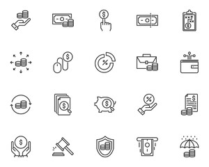 set of finance line icons, money, bank, economy