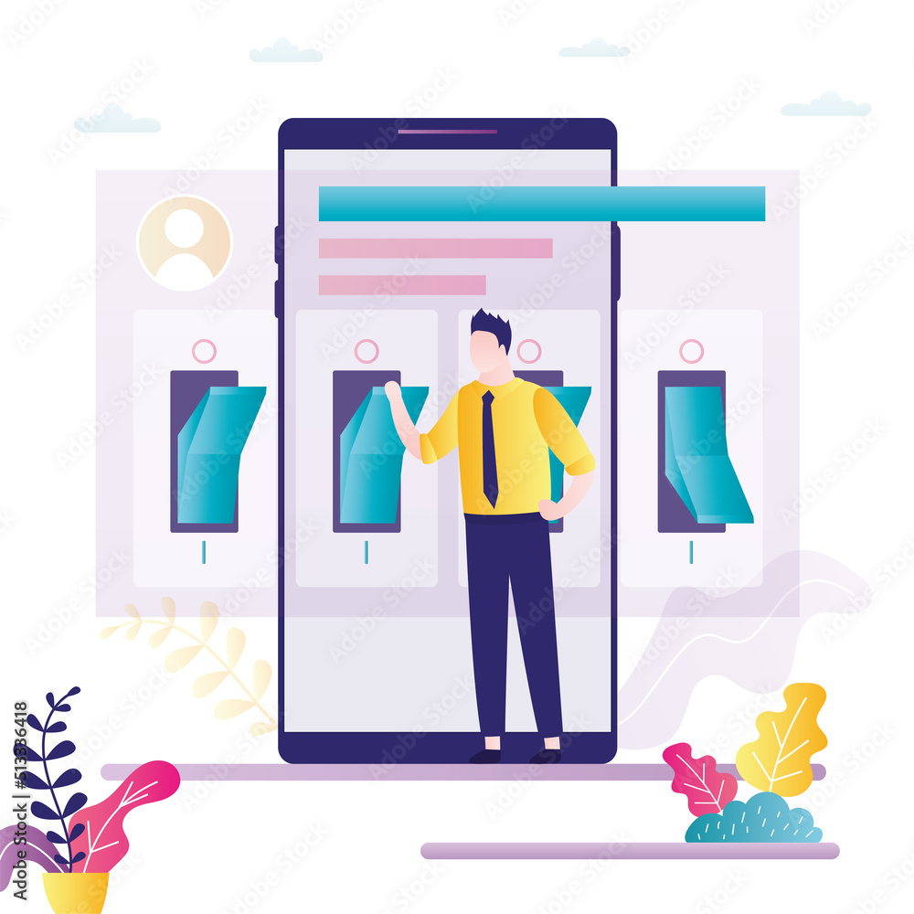 Poster male character adjusts settings in smartphone. mobile phone screen with control panel and toggles. u