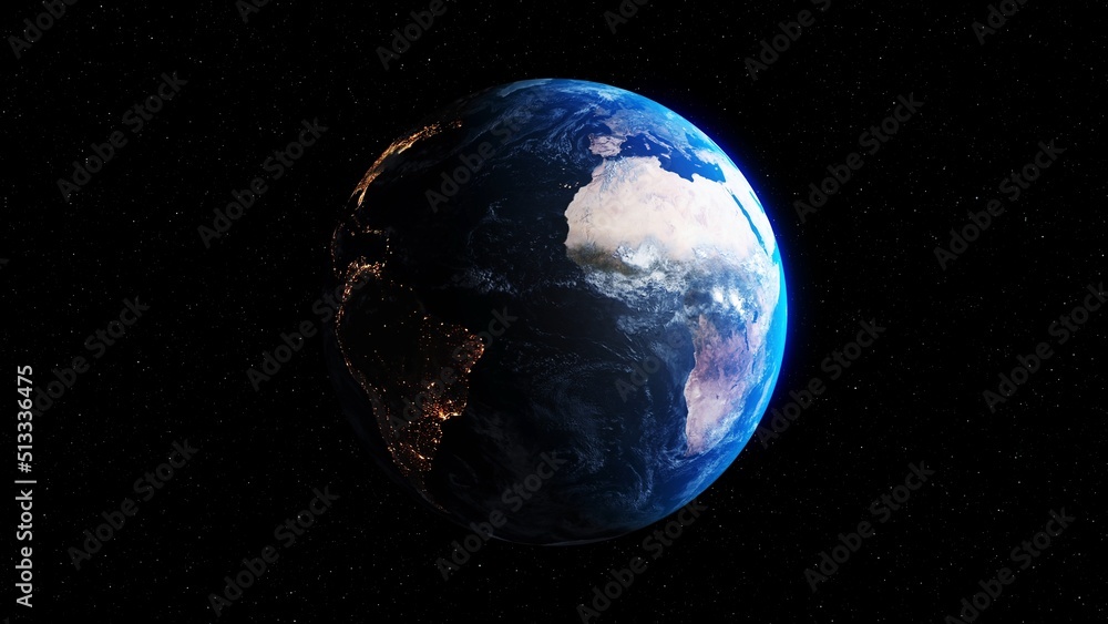 Poster planet earth with realistic geography surface and orbital 3d cloud atmosphere . outer space view of 
