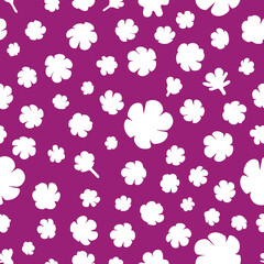 Small flowers naive dotted seamless pattern on purple background. Childish illustration for textile, fabric, wallpaper, wrapping paper. 