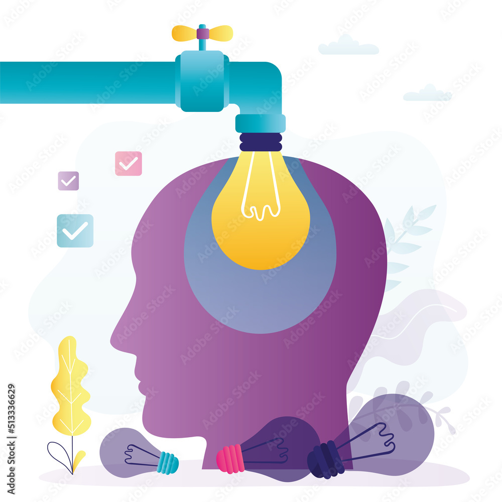 Aufkleber concept of imagination and pitching ideas. new idea falls from open faucet into brain. business peop