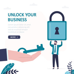 Unlock your business. Startup, new business development concept. Hand give big key, entrepreneur holds padlock. Restart business project. Trendy style landing page template.