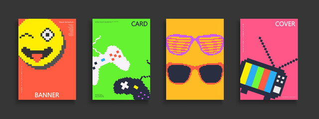 Fototapeta premium Set of colorful retro covers, templates, backgrounds, placards, brochures, banners, flyers and etc. Drawing cartoon posters, cards, catalogs - fashion style 80-90s. Bright creative prints