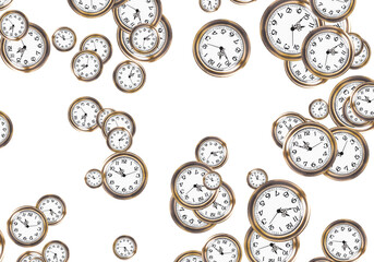 Antique bronze watches scattered on white space