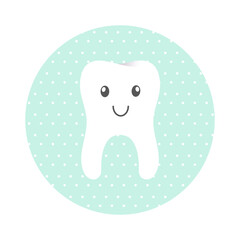 Cute tooth on round green background. Pediatric dentistry concept. Funny kids tooth care icon. Dentist logo design. Flat vector illustration.