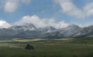Modern art painting on the canvas of a beautiful landscape with mountains and green grass