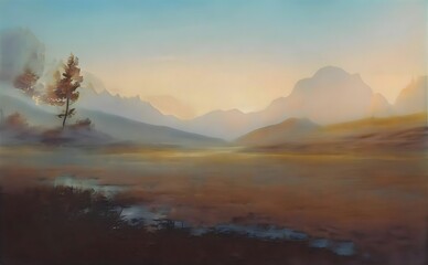 Moderne kunst schilderij op het doek van een prachtig landschap met een geel veld en bergen