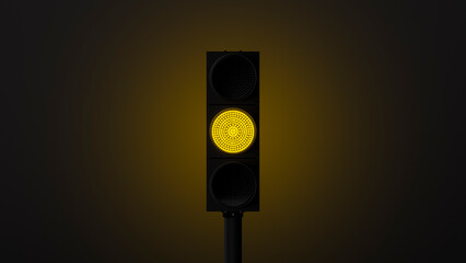glowing yellow traffic light with backlight on a dark wall. The symbol is ready. template or...