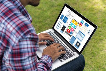 UX UI design process for modish mobile application and website . Creative prototype of wireframe...