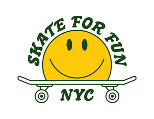 Skateboarding t-shirt design with skate, emoji smile and slogan. Typography graphics for New York tee shirt on skateboard theme with smile. Print for apparel. Vector illustration. - obrazy, fototapety, plakaty