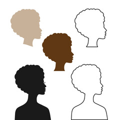 Set of vector solid and outline silhouettes of beautiful female faces in profile on an isolated background. Head of an African woman in profile with a short haircut . Default avatar profile.EPS10.