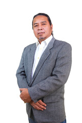 man in suit standing against white background and looking at camera