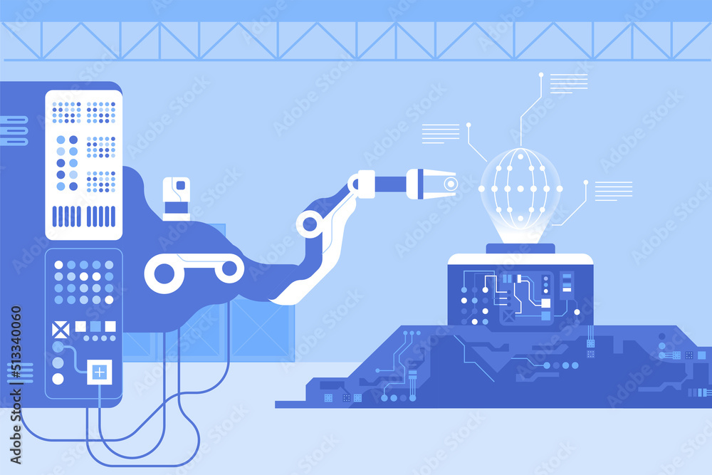 Poster robotized equipment assembling electrical items flat color vector illustration. production line and 