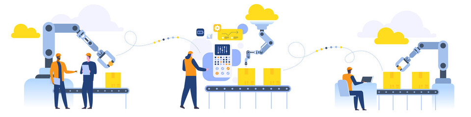 Assembly line with robotic arms and workers Male and female factory workers engineers Automated production process User connecting with a tablet and sharing data with a cyber-physical system Vector
