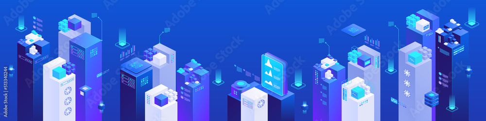 Poster digitization of financial industry isometric vector images set on blue background. cryptocurrency an