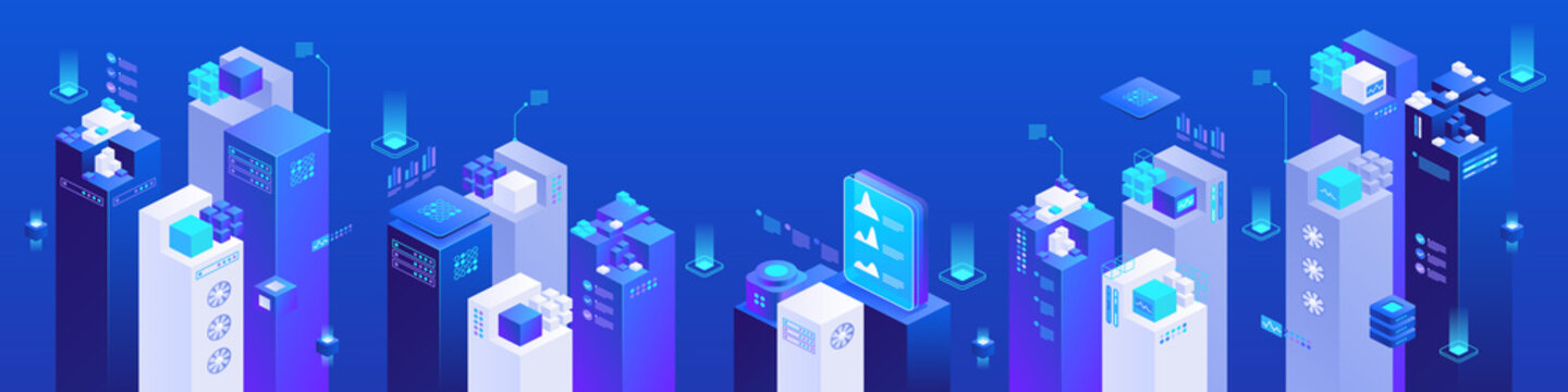 Digitization of financial industry isometric vector images set on blue background. Cryptocurrency and blockchain. Online stock exchange. Web banner with copy space for text. 3d components composition