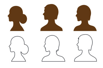 Set of vector solid and outline silhouettes of a man and a woman in profile on an isolated background.Default avatar profile.EPS10.