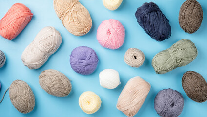 bright and colorful yarn wool pattern on bright background, top view flat lay